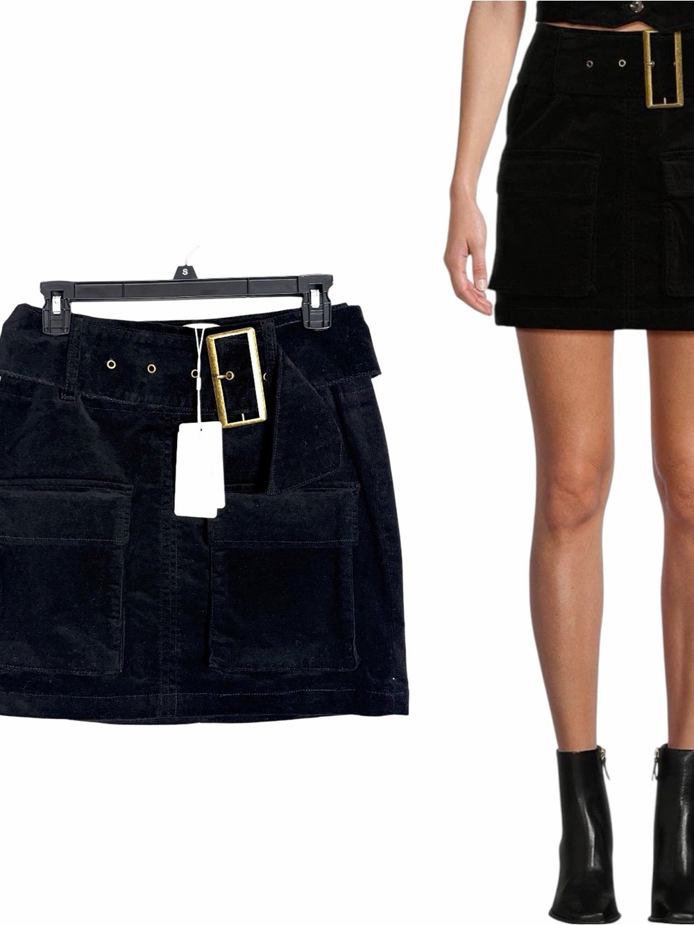Chelsea Violet Corduroy Mini Skirt Black Gold-tone Belt Buckle Cargo Pocket Sz S